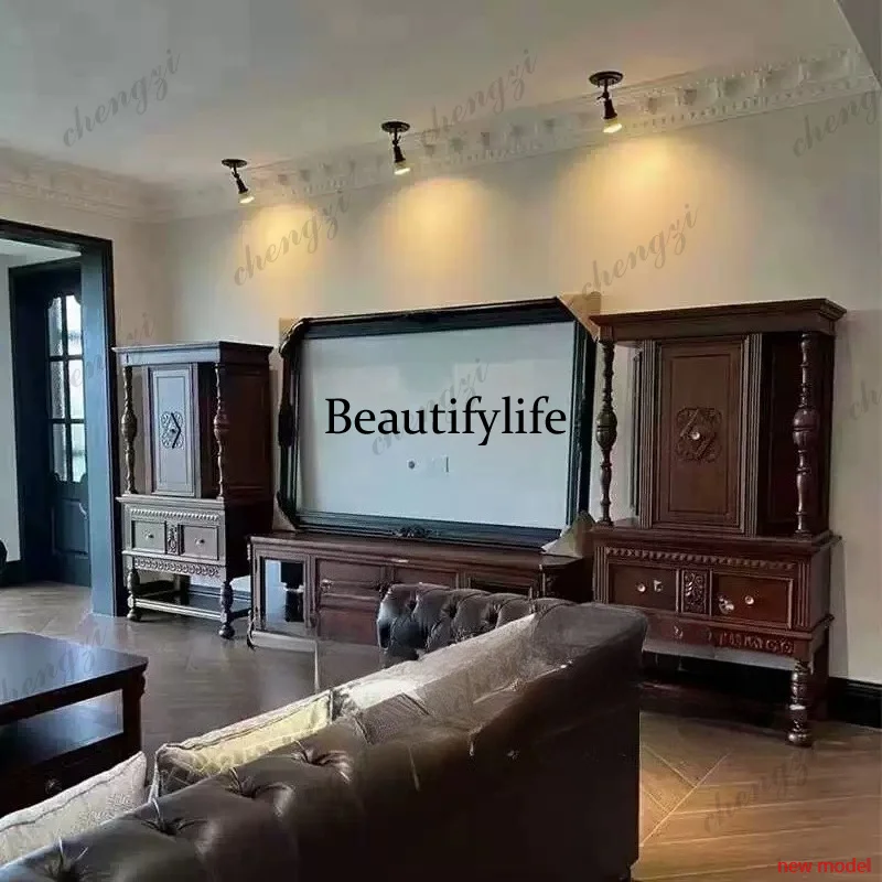 h178American solid wood carving flower living room entrance cabinet French retro white old dining side cabinet Jane European vil