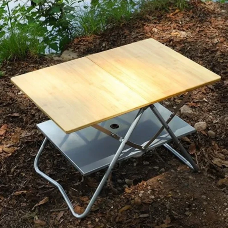 Camping Table Bamboo Folding Table Portable Outdoor Aluminum Alloy Folding Desk Camping BBQ Bamboo Surface Dining Tea Table