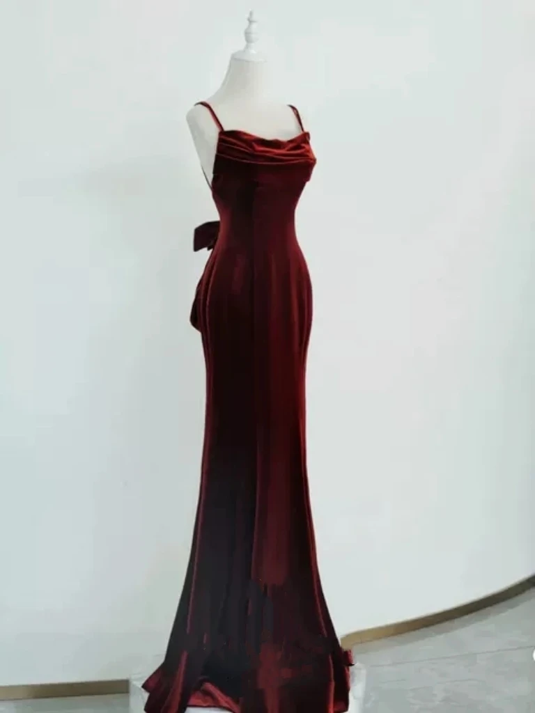 

Wine Red Senior Evening Dress Velvet Spaghetti Off Shoulder Sleeveless Mermaid Slim Train Bow Backless Party Prom Celebrity Gown