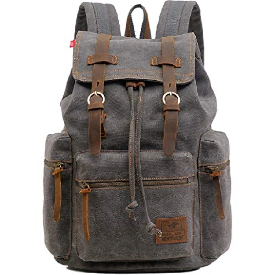 

Vintage Canvas Travel Backpack with Leather Trim, Laptop Padded Sleeve, Hidden Back Security Pocket, Fits 14-Inch, M32