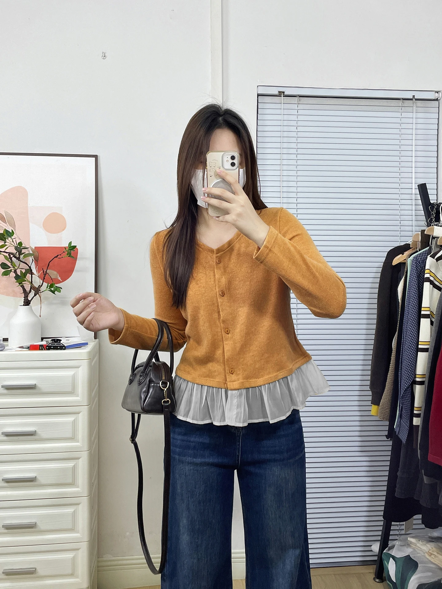 plus Size Knitted Short Top Women's Korean Style Loose Fit Floral  Patchwork V-Neck Long Sleeve Casual Wear Autumn Fashion