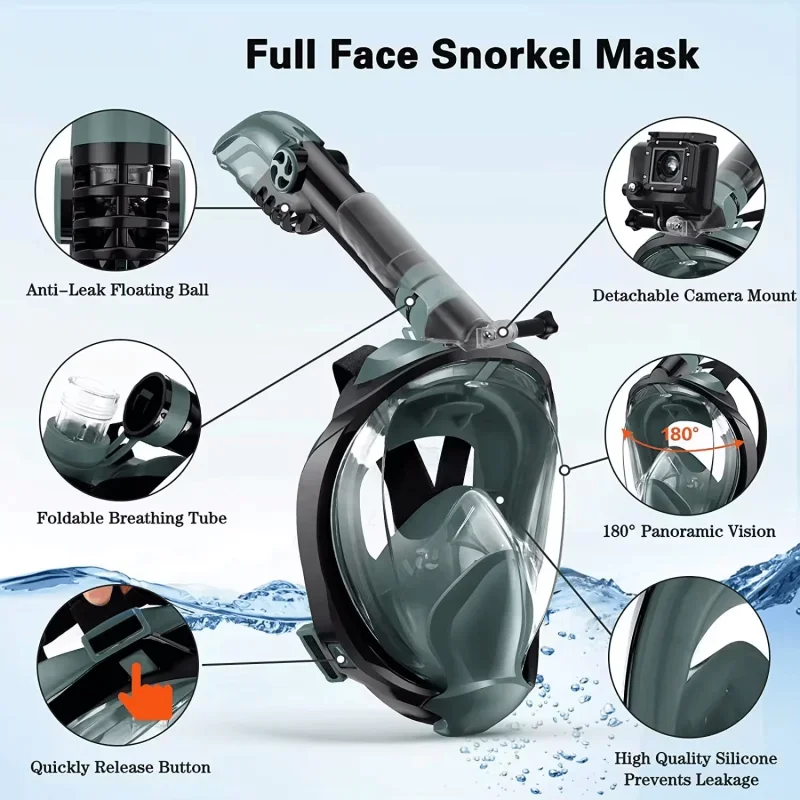 Máscara de mergulho facial com suporte de câmera removível, anti-nevoeiro panorâmico e à prova de vazamento, sob snorkel aquático, 180 graus