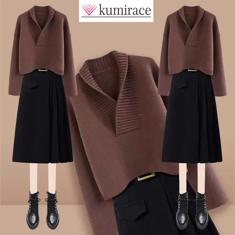 

V-neck Thick Brown Sweater Women's 2024 Autumn and Winter High Waisted A-line Pleated Woolen Skirt Two-piece Set Skirt Sets