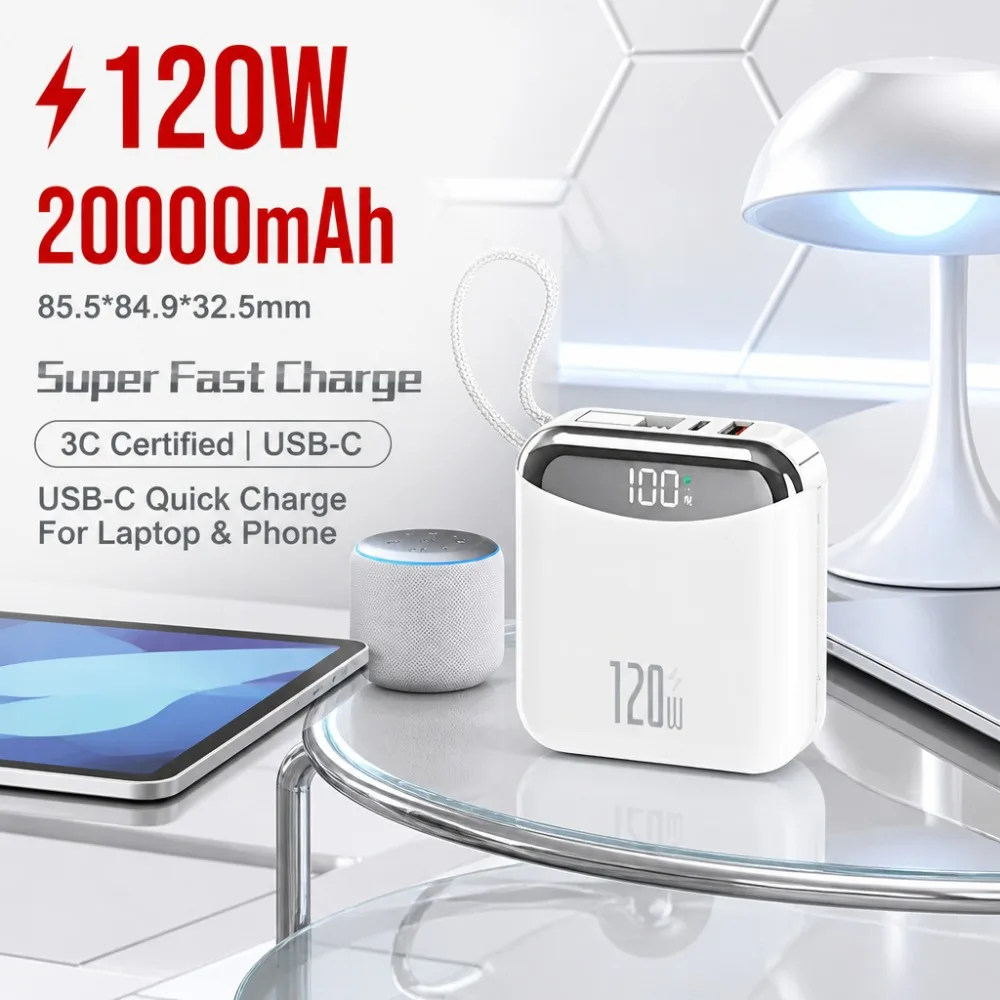 120W Super Fast Charging Power Bank 20000mAh 10000mAh Portable Battery 3C Certified USB-C Quick Charge for Laptop Phone