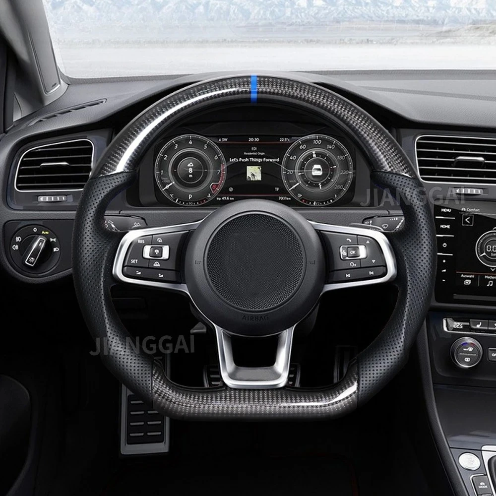 

Carbon Fiber Steering Wheel For Volkswagen VW Golf 7 MK7 7.5 GTI GTE R 2013-2020 Polo GTI For Tiguan W Paddle Holes Blue Line
