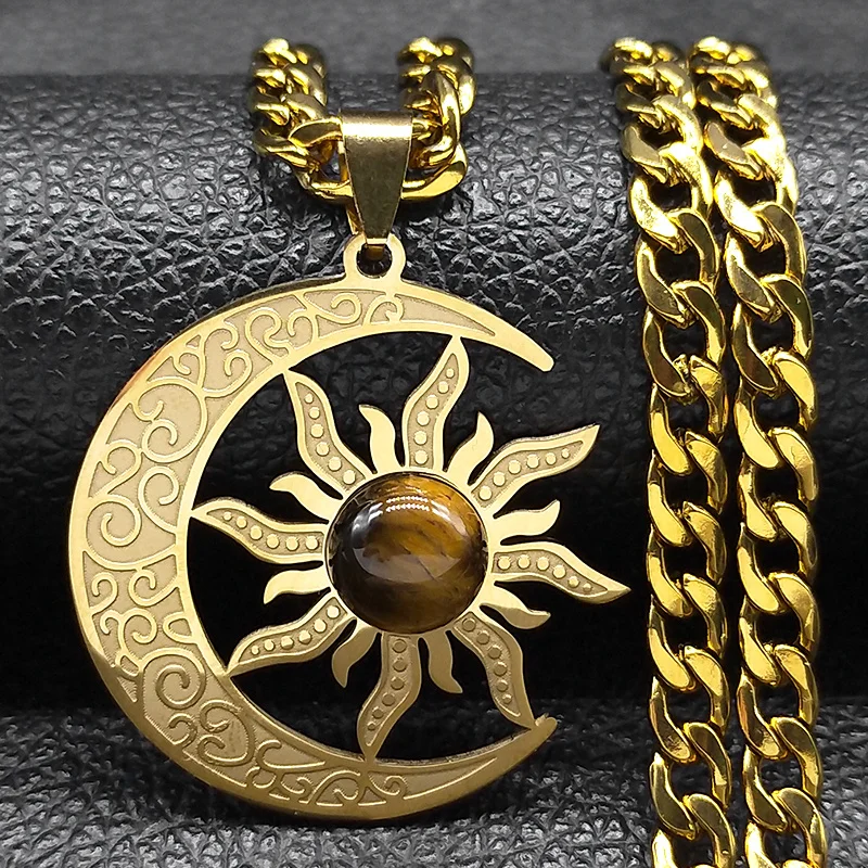 Wicca Sonne und Mond Halsketten Edelstahl Tigerauge Naturstein exquisite Anhänger Halskette Party Schmuck Geschenk N3079GDS03 – Detail 7