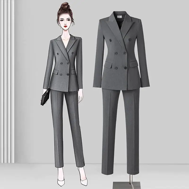 

Gray Women's Blazer 2025 Autumn New Style Double-breasted Professional Women's Clothing Elegant Goddess Style Hotel 2 Piece Set