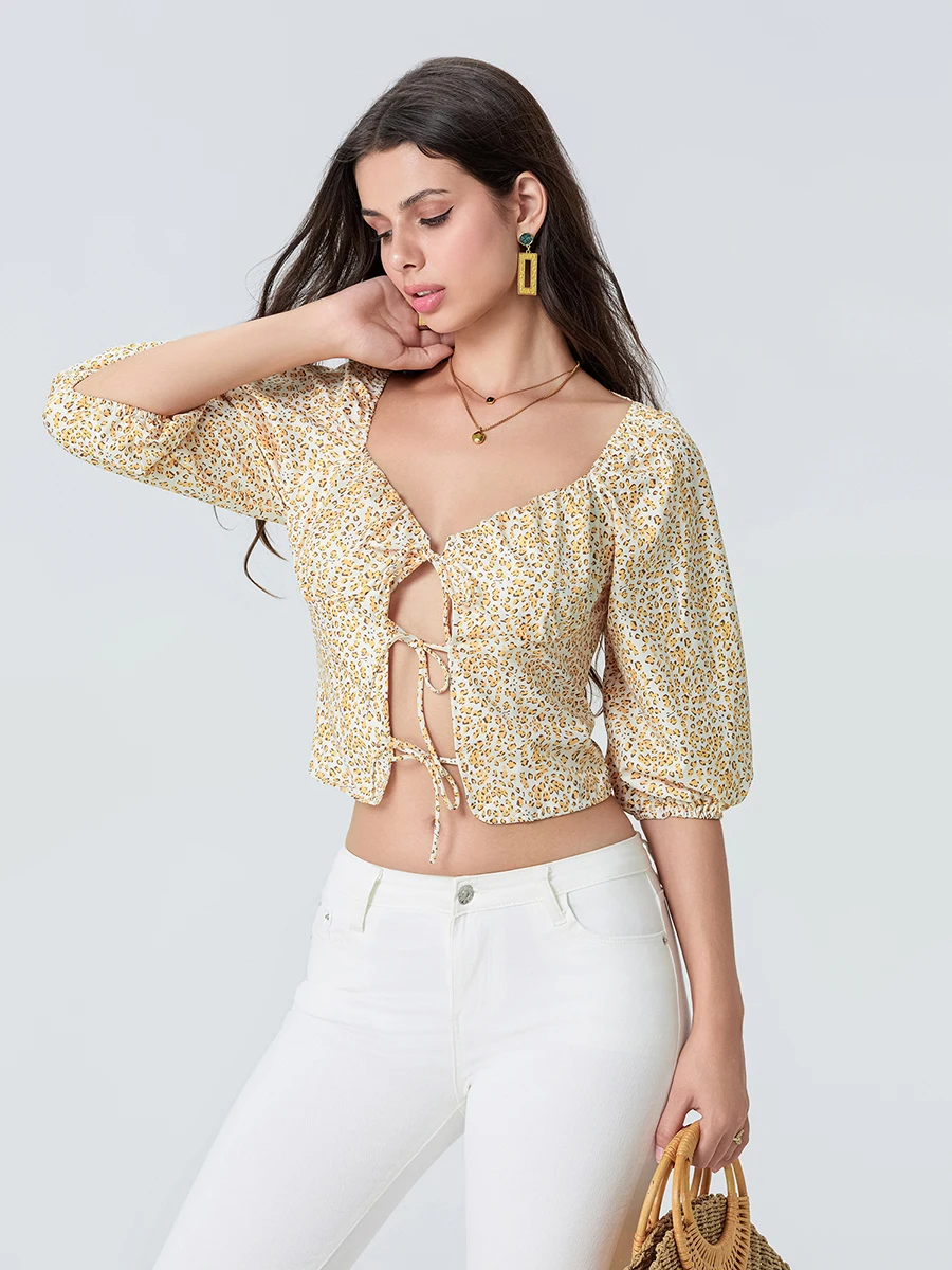 Leopard Print Bubble Sleeve Blouse with Tie-Up Front - Stylish Women s Summer Top for Casual Streetwear Fashion