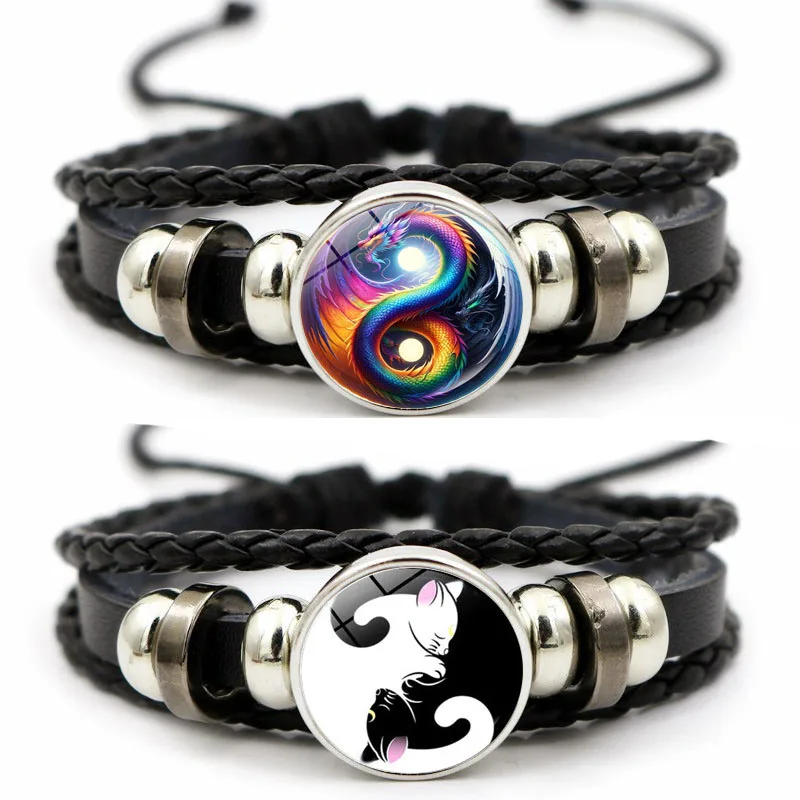 Yin Yang Tai Chi Leather Bracelet for Women Men Cat Life Tree Vintage Photo Multilayer Beaded Bracelets Gift