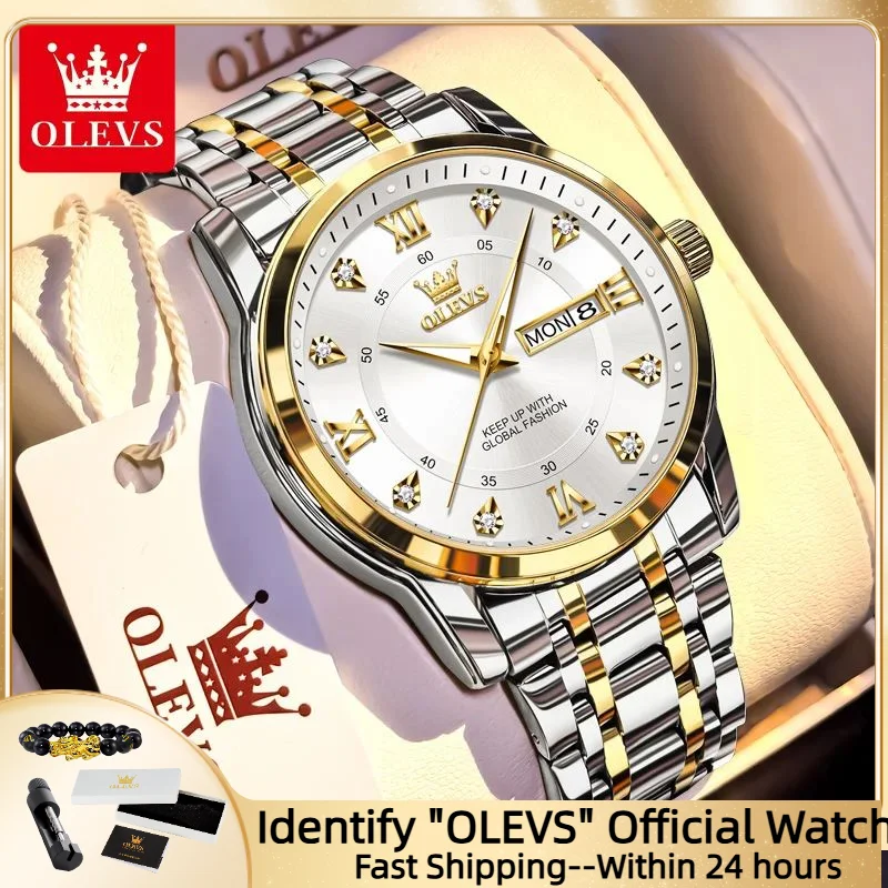 

OLEVS кварцевые часы для мужчин, роскошные золотые часы с бриллиантами, водонепроницаемые светящиеся деловые мужские кварцевые часы из нержавеющей стали, мужские часы