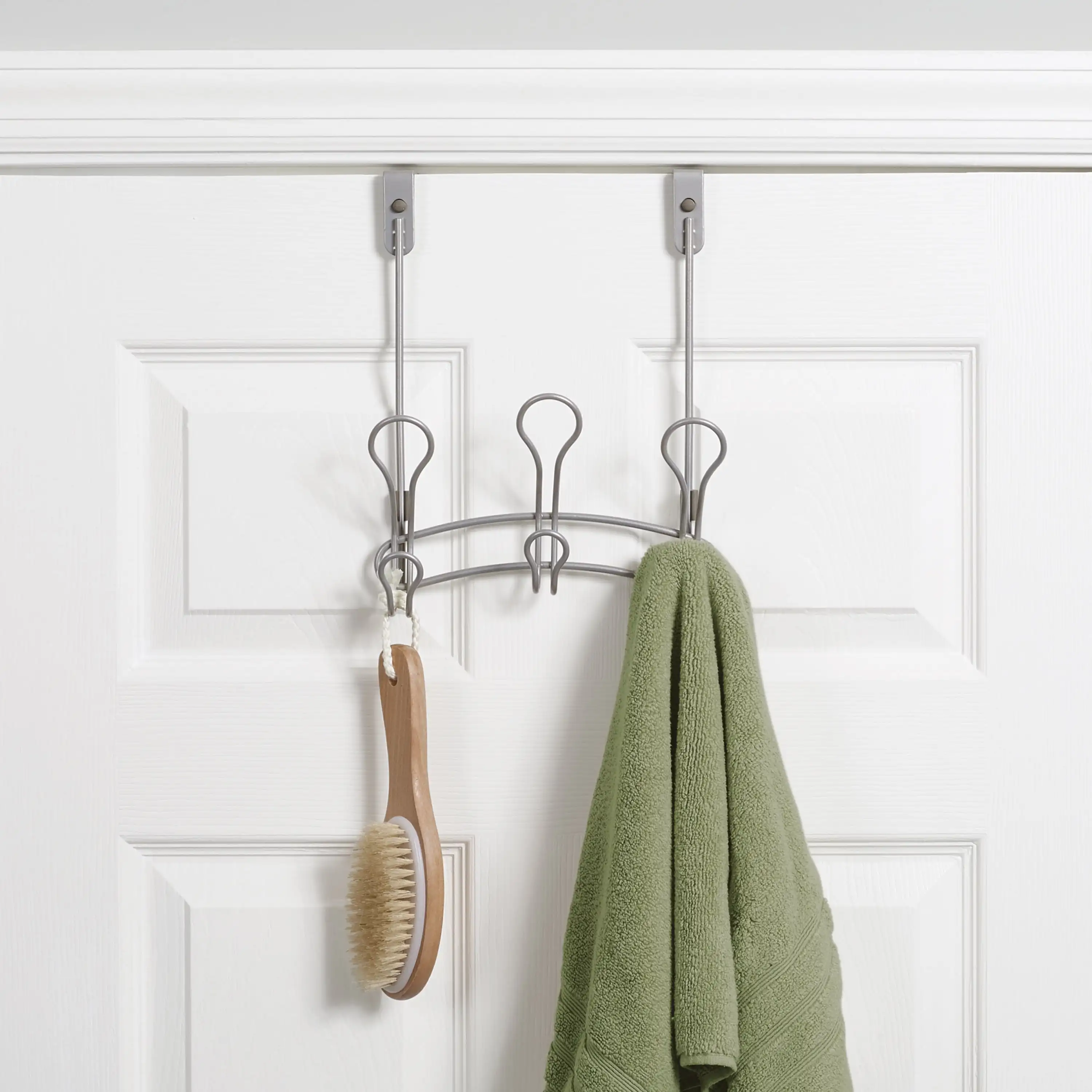 

3-Hook Metal Over Door Rack - No Drill Satin Nickel Finish, Space Saving Towel & Robe Holder, Bathroom Storage