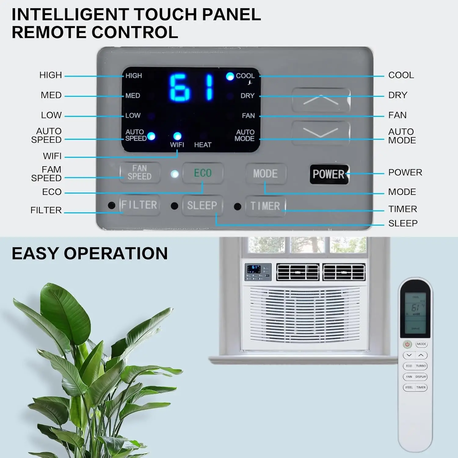 

8000 BTU Air Conditioner Window Unit with Heat, 4-in-1 Window AC Unit Cooler, Heater,Dehumidifier& Fan with Timer,Remote Control