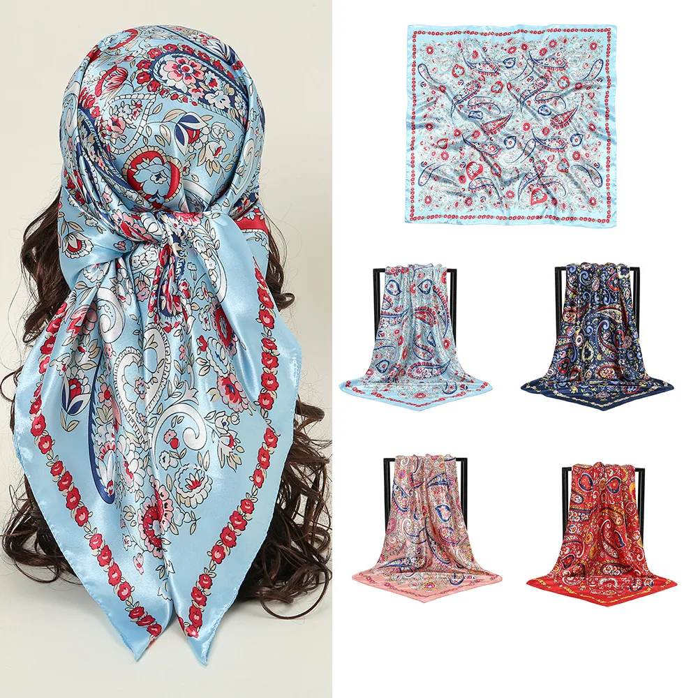 European and American 90cm Square Spring New Imitation Silk Color Cashew Print Large Square Silk Scarf