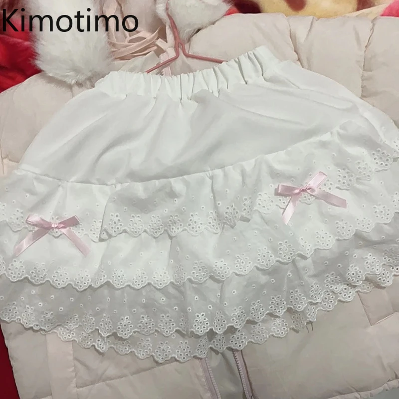 

Kimotimo Japanese Sweet Lace Patchwork Bow Cake Skirt Women Summer Y2k Aesthetic High Waist Tierred A-line Ruffled Mini Skirts