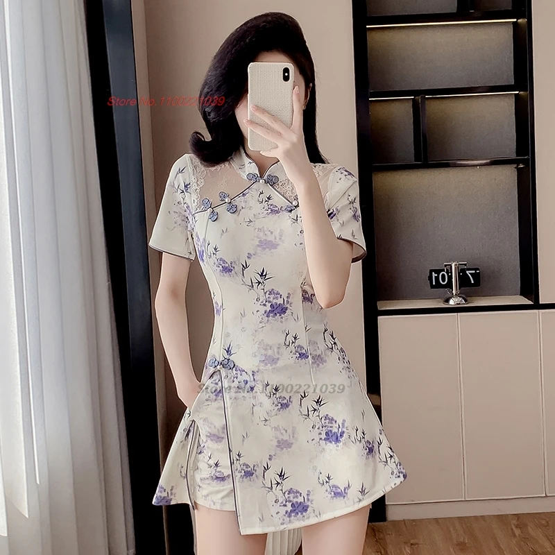 

2025 chinese improved qipao cheongsam sexy nightclub dress national flower print qipao dress+shorts set hotel spa work dress