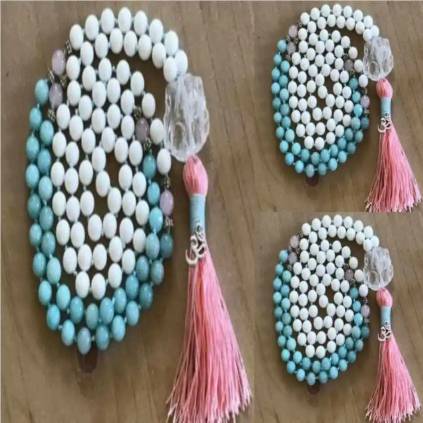 

8mm Natural 108 knot water blue jade White tridacna beads necklace Wood Trendy Healing Beads CouplesMeditation Crystal Stone Men