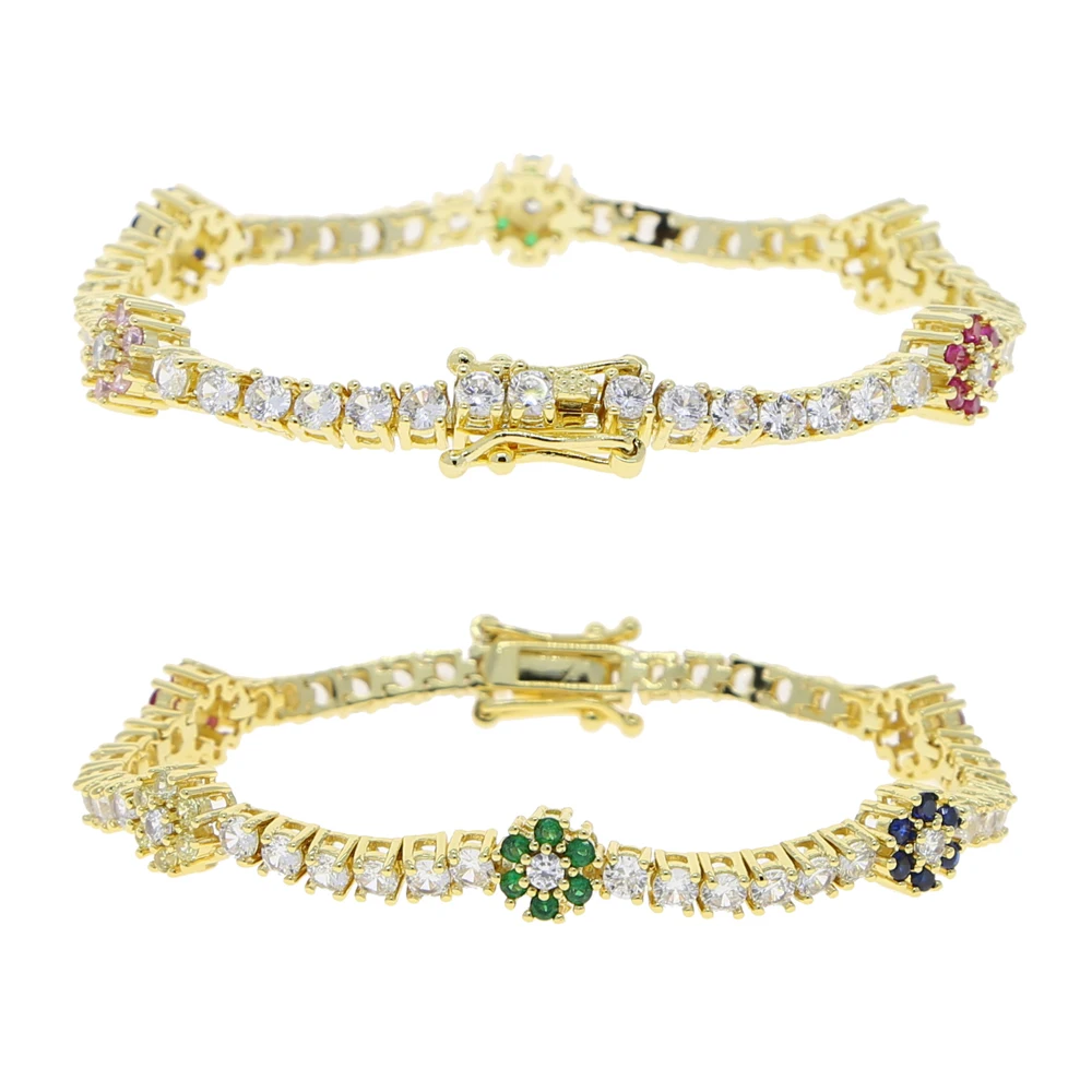 New Arrived Rainbow CZ Colorful Flower Tennis Link Chain Bracelet For Women Girls Iced Out Bling CZ Paved Daisy Flower Bracelet