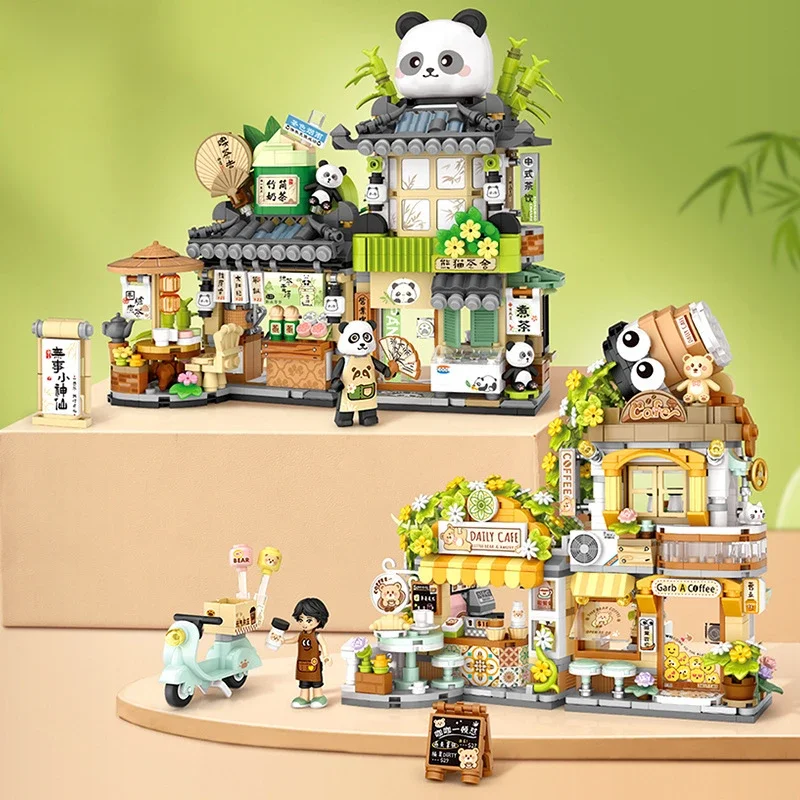 Street View Series Izakaya Shaved Ice Shop Takoyaki Shop Coffee Shop Panda Tea House Model Building Blocks Kids Toys Gifts