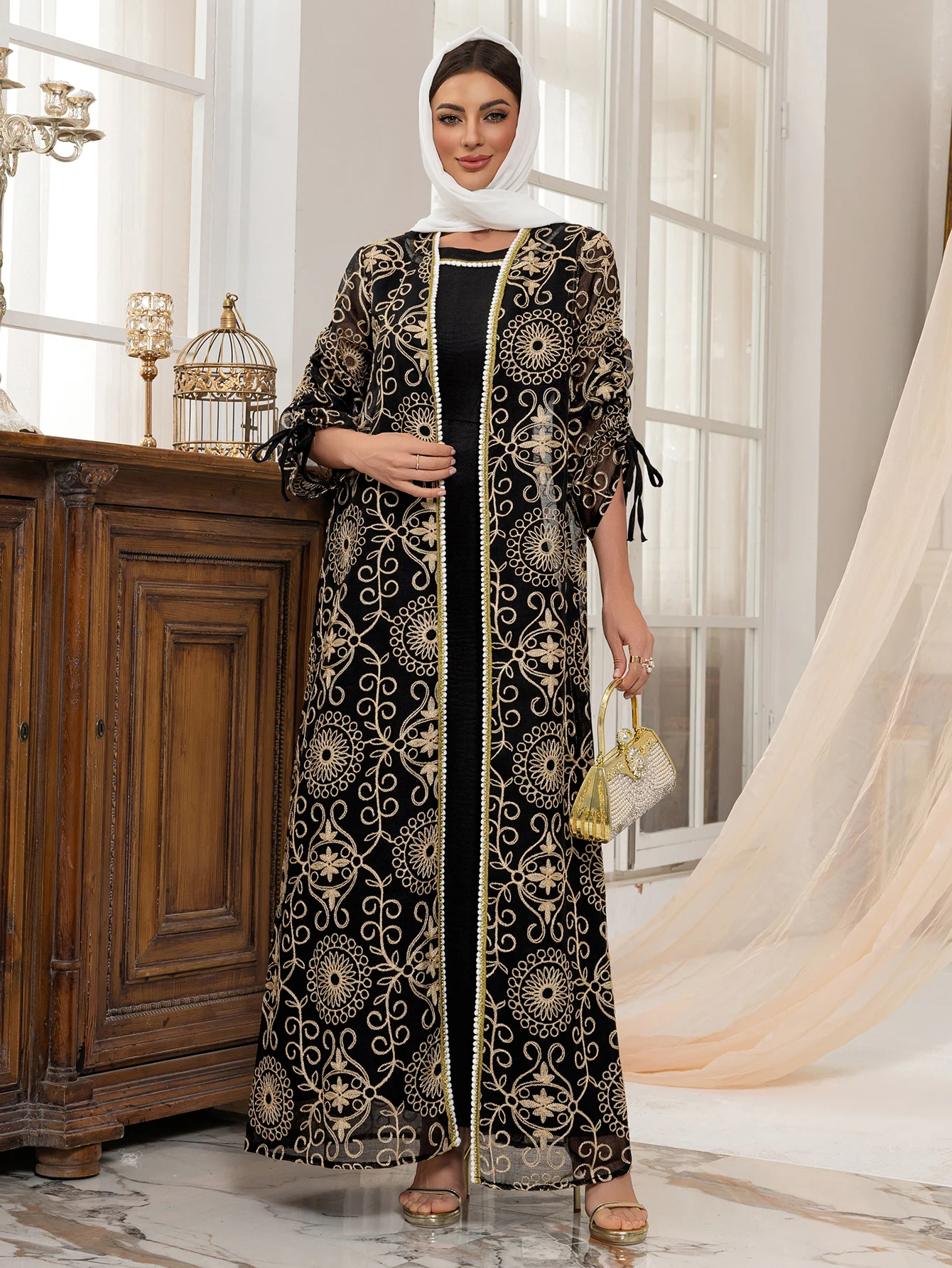 Dubai Women Muslim 2 Piece Abaya Black with Golden Intricate Patterns Bow - tied Sleeves Beaded Trim for UAE Saudi Arabia Qatar