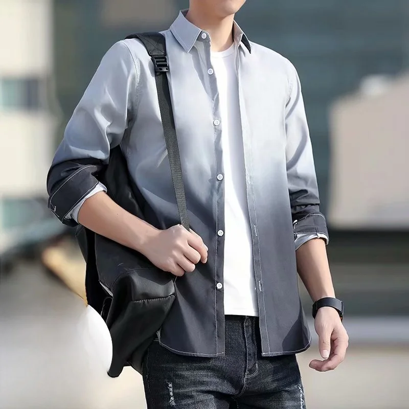 

Мужская рубашка Slim Fit с длинным рукавом в корейском стиле, весна-осень, новая, двухцветная, тонкая, модная, для студентов