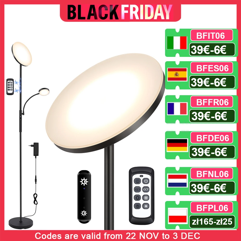 LED Floor Lamp, Dimmable Reading Lamp, 27 W Uplighter with 7 W Reading Lamp, Floor Lamp with Remote Control & Touch Control