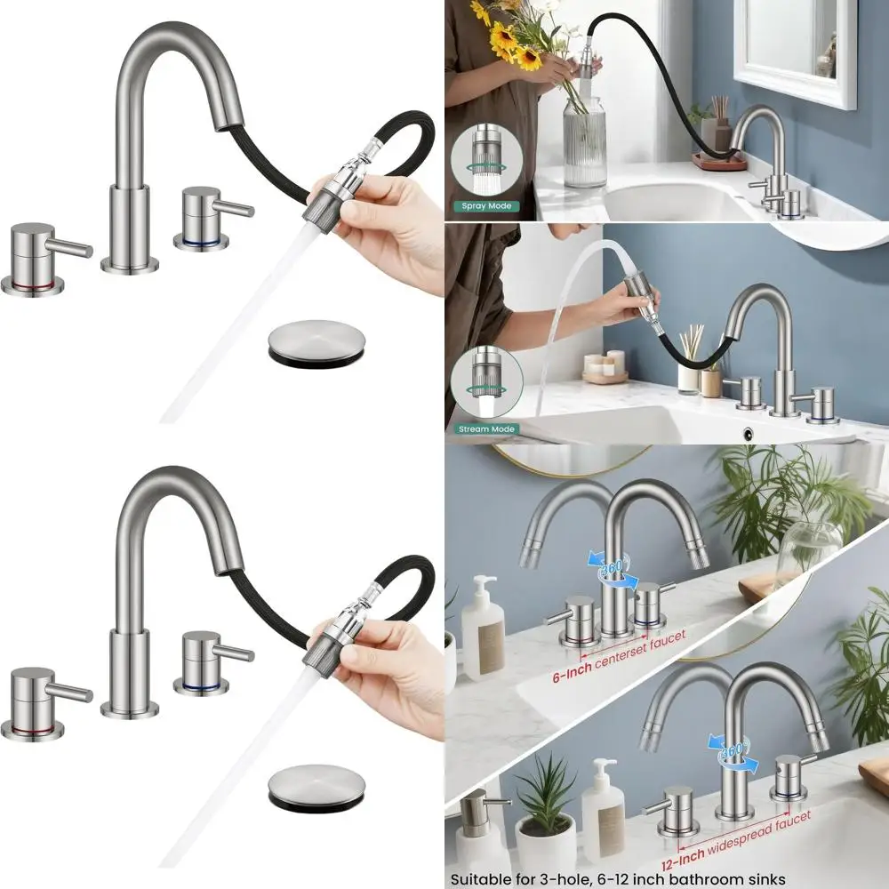 

3-Hole Brushed Nickel Pull-Down Faucet with Pop-Up Drain and Dual Spray Modes for 8 Widespread Bathroom Sink
