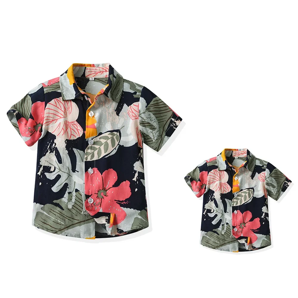 Boy Hawaiian Flower Shirt  Lapel Short Sleeve Father Kid Shredded Casual Cardigan Parent Child Clothe Button Summer Beach Blouse