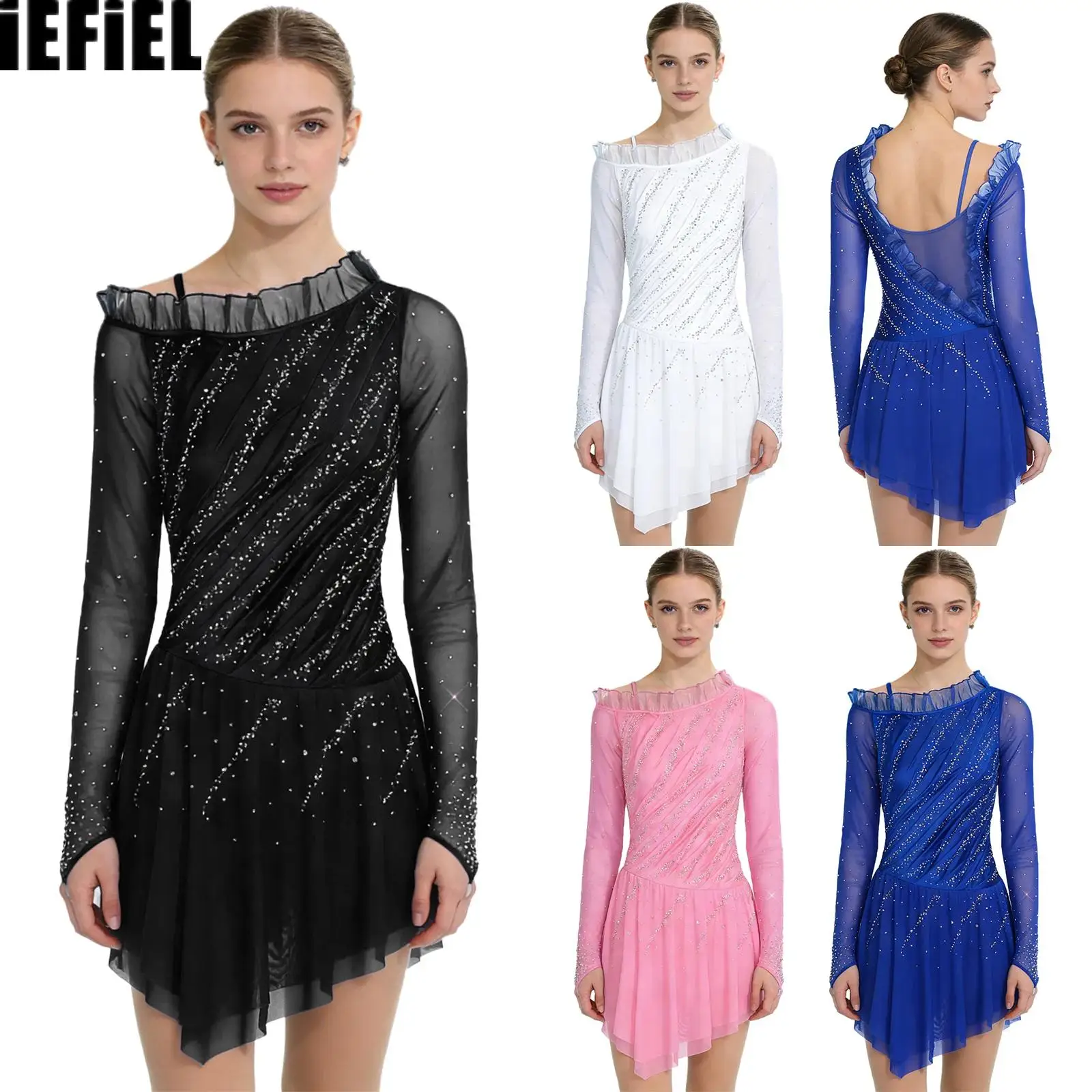 

Women Sheer Mesh Dance Dress Long Sleeves Finger Holes Asymmetrical Shoulder Ruffles Ruched Rhinestones Figure Skating Dress