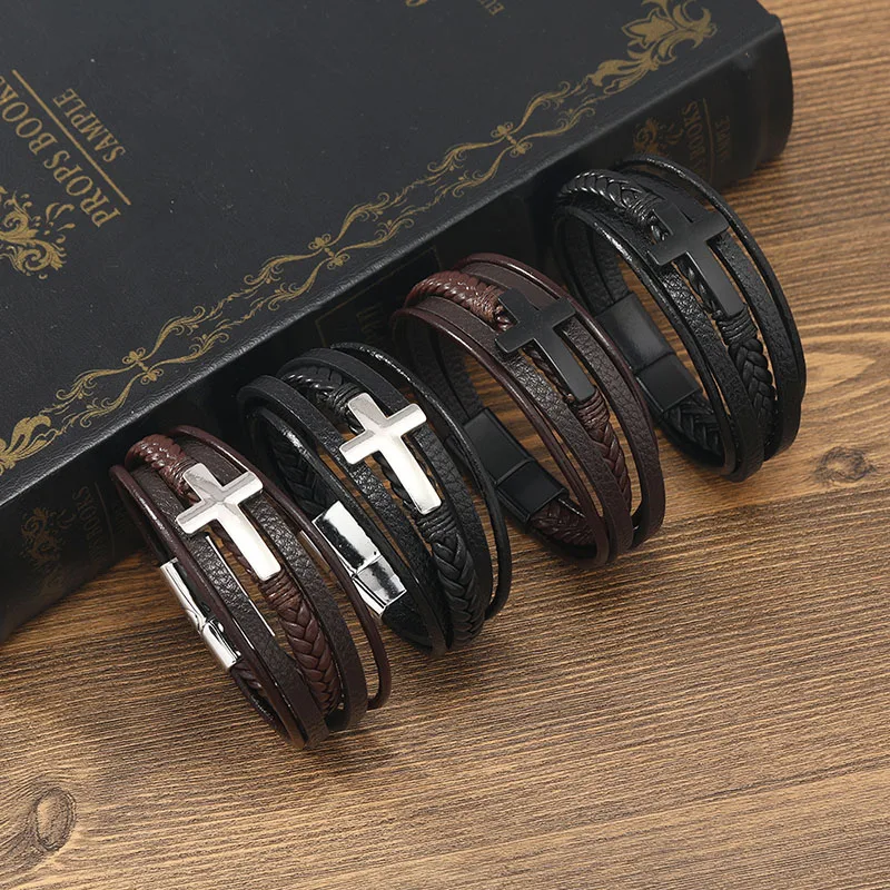 New Punk Leather Woven Bracelet for Men Jesus Cross Charm Wrap Bracelets Male Hand Jewelry Boho Genuine Leather Bracelet Homme