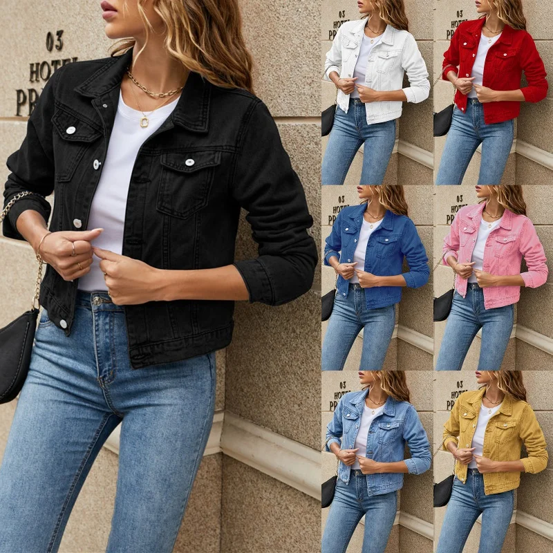 Tops Coats Women Denim Jackets Female Casual Long Sleeve Lapel Solid Button Down Chest Pocket Slim Jean Jacket Fall Winter Coat