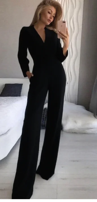 Autumn Women Jumpsuits High Waist Fashion Long-sleeved Suit Collar Straight Pants Temperament Elegant Office Commuting Jumpsuits
