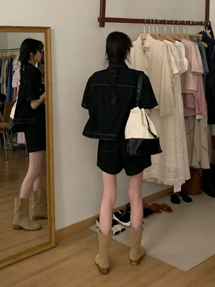 

Новый летний комплект Sle Retro Denim ort Sve irt Jaet And orts из двух предметов для маленьких женщин, повседневный модный комплект для подростков