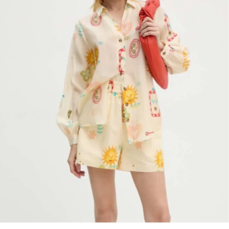 

Vintage Print Vacation Top Short Sets Long Sleeve Single Breasted Lapel Coat Lady Casual Cartoon Commuter Outerwear 2025 Summer