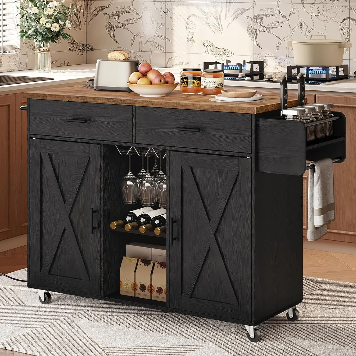 OBRO-îlot de cuisine avec rangement, chariot roulant à roulettes, table îlot de cuisine avec station de charge, 2 portes de proximité, salle de bain