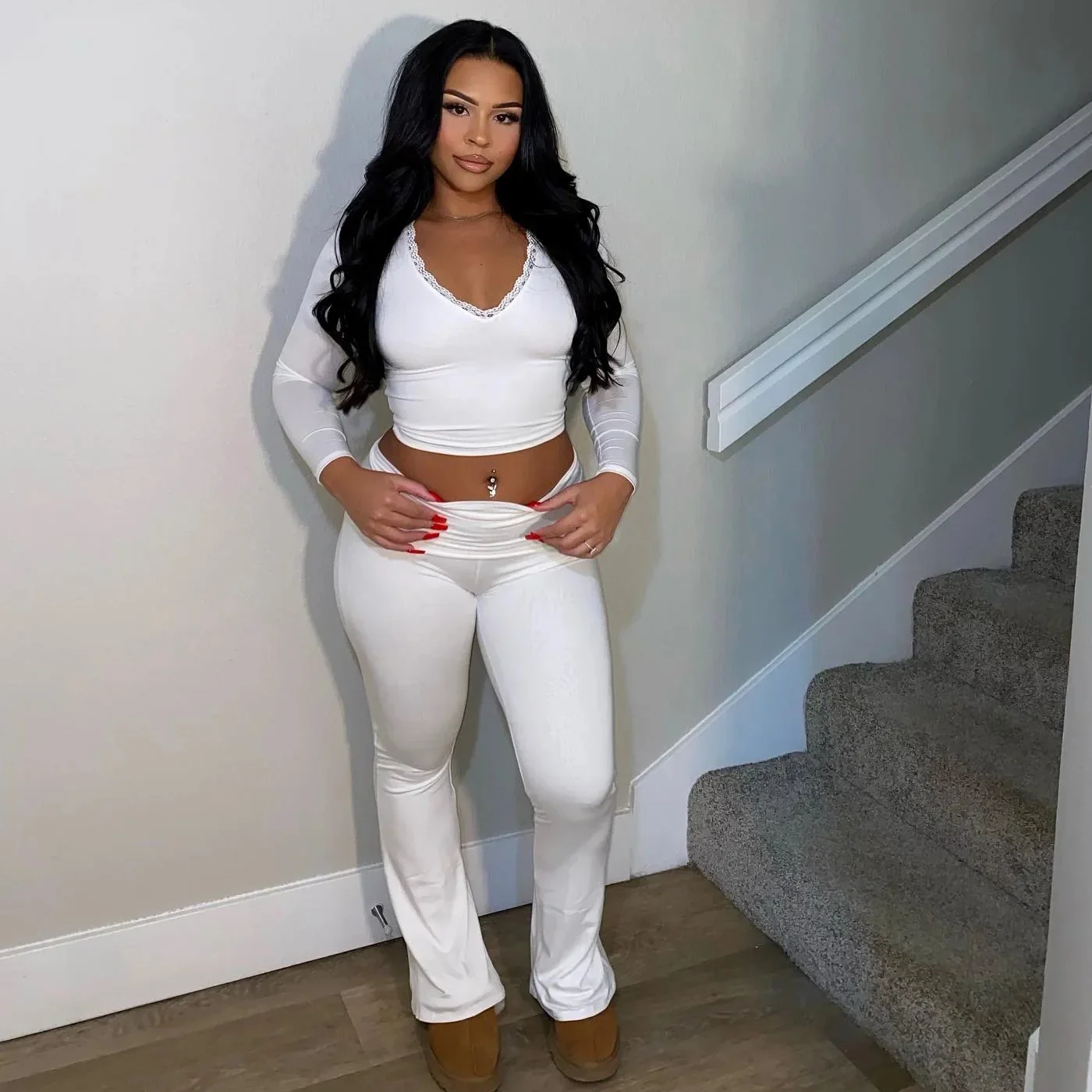 

Женский летний новый модный кружевной лоскутный топ с v-образным вырезом, облегающий однотонный комплект брюк