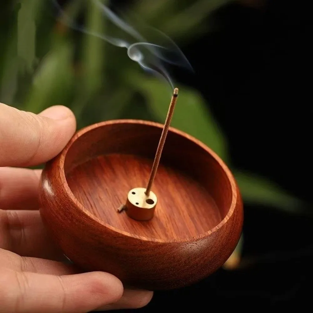 Sustainable 4 Holes Wooden Incense Holder Solid Wood Handcrafted Stick Holder Retro Round Bowl Shape Censer Home Decoration