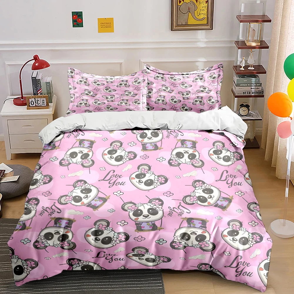 Pink background cartoon panda Pattern Duvet Cover Set Digital Print Colorful Polyester Bedding with Zipper Closur for kids gifts