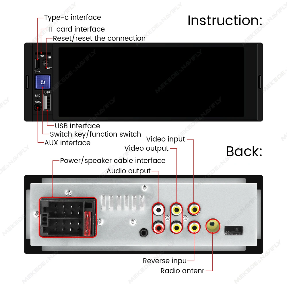 Navifly 1 DIN 6,86 cala Uniwersalny multimedialny odtwarzacz wideo z ekranem dotykowym HD Carplay Android Auto BT SD/TF Radio FM USB Type-C