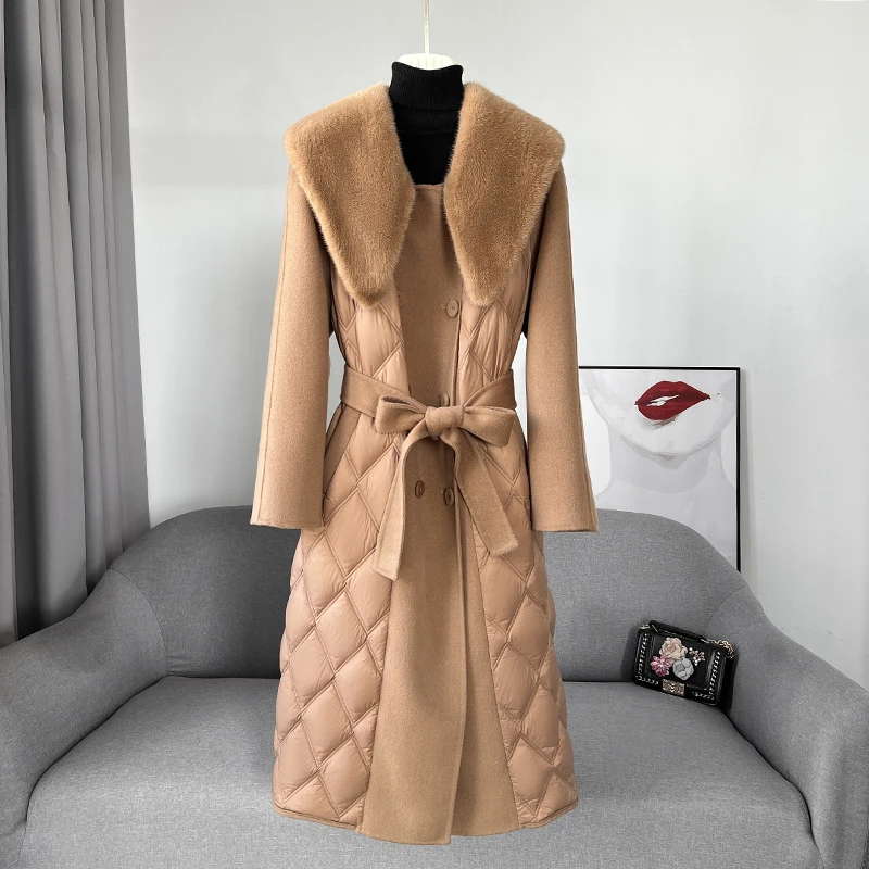 

PUDI Lady New Fashion Wool Blend Long Jacket Winter Warm Duck Down Design Mink Fur Collar CT2153