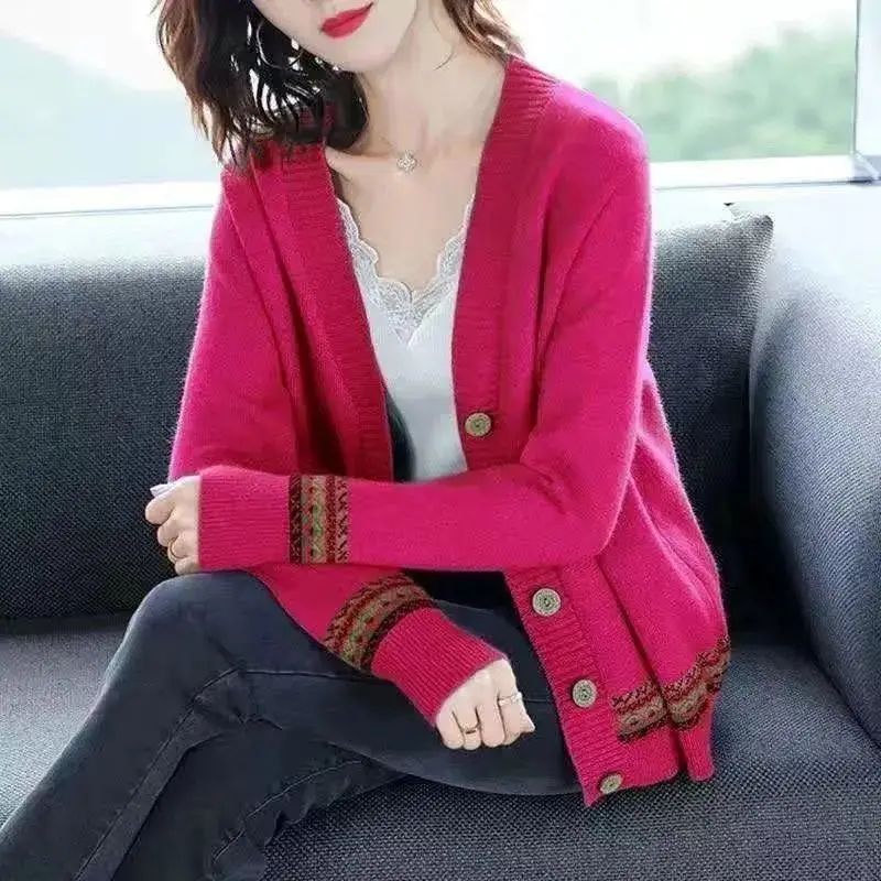 Spring Autumn Solid Color Jacquard Women\'s Knitted Cardigan Long Sleeve Korean Loose V-Neck Button Sweaters Coat Female Clothing