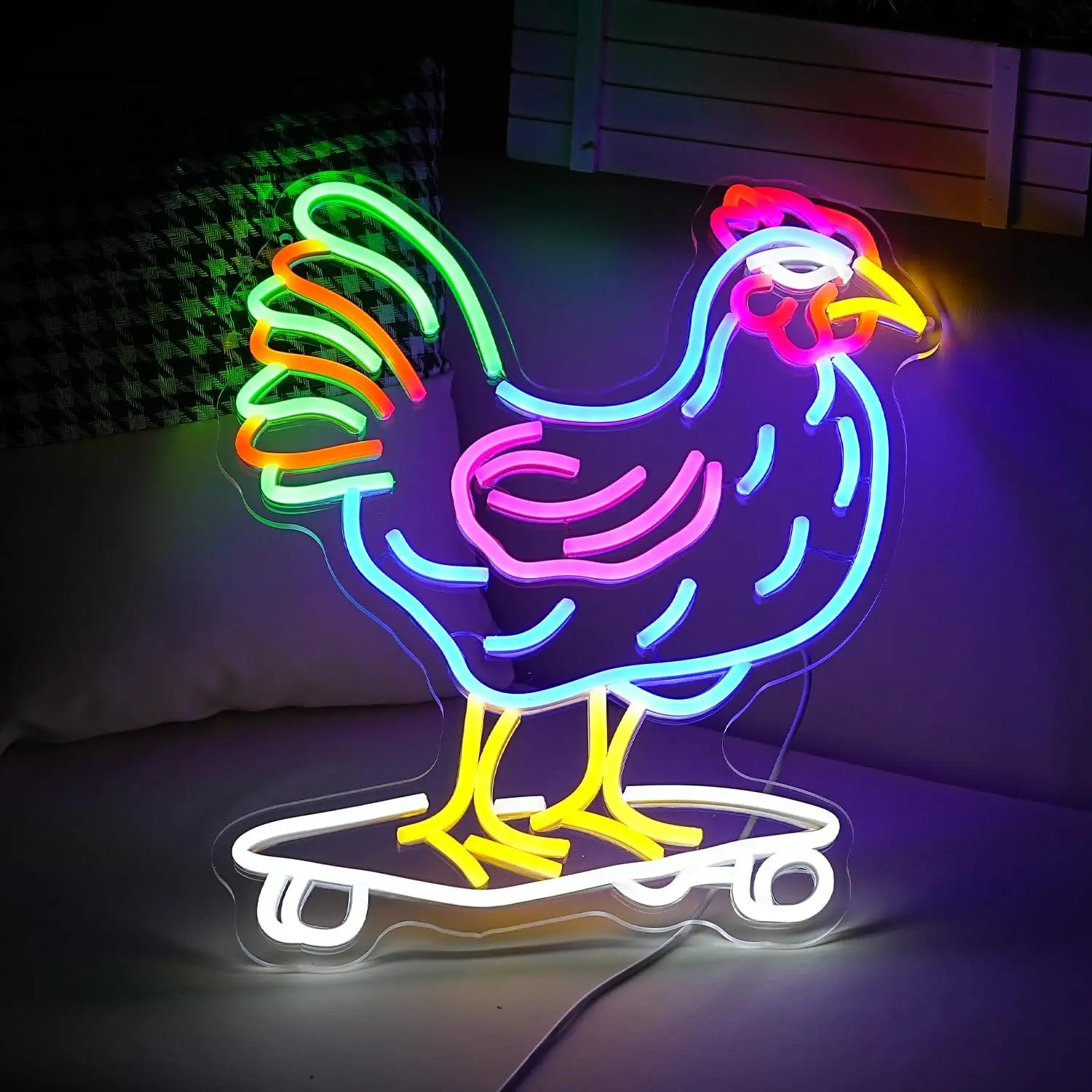 Skateboarding Chicken Neon Sign LED Wall Art USB Powered Funny Rooster Cool Farm Animal Light Bedroom Game Room Bar Decor Gift