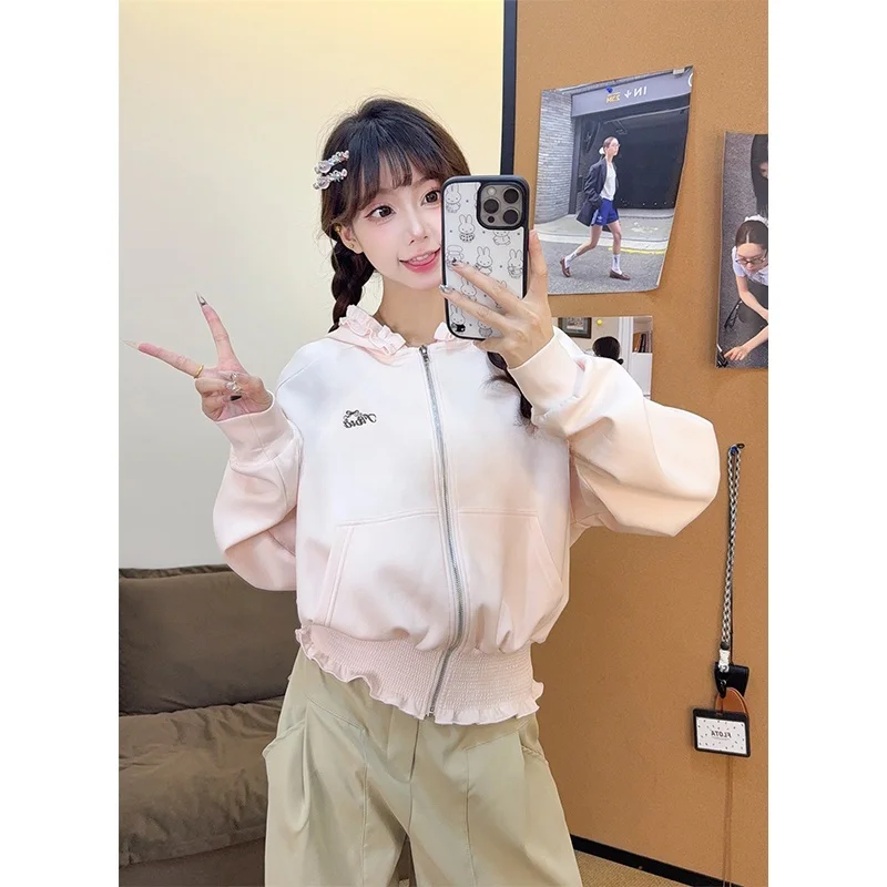 Sudadera con capucha holgada estilo coreano para mujer, abrigo tipo cárdigan con volantes bordados en la cintura, de algodón, poliéster y elastano, con cierre de cremallera.