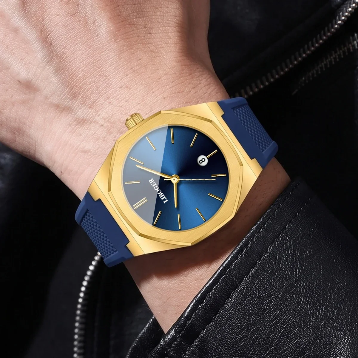 Luxury Octagonal Men Calendar Quartz Watch Casual Blue Silicone Strap Sports Wristwatches Clock Relogio Masculino（Without Box）