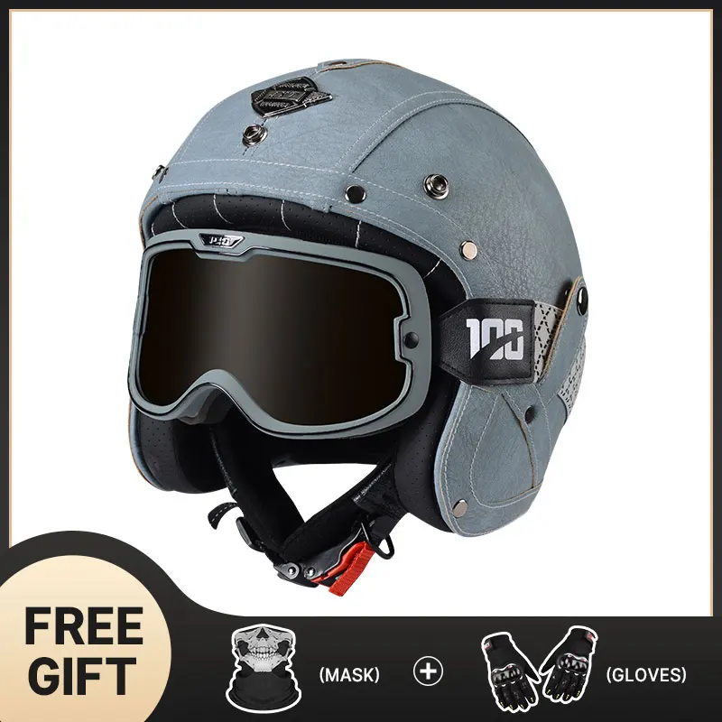 

New Design 3/4 Jet Scooter Casque Dot Approved Leather Open Face Vintage motocicleta casco motocross Helmet Cafe Racer