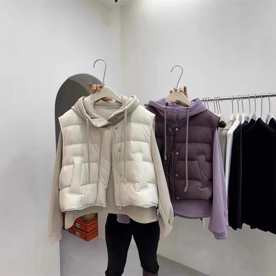 Down Cotton Vests Hoodie 2 Piece Sets Women Hooded Sweatshirt Waistcoat Suit Autumn Winter Ensemble Puffer Parkas Warm Outfits