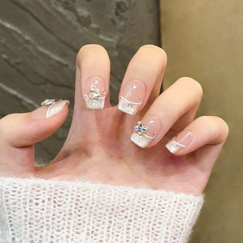 10 Uds. De diamantes de imitación de mariposa rosa hechos a mano, uñas postizas de cobertura completa, ojo de gato francés brillante, arte de manicura corto y bonito