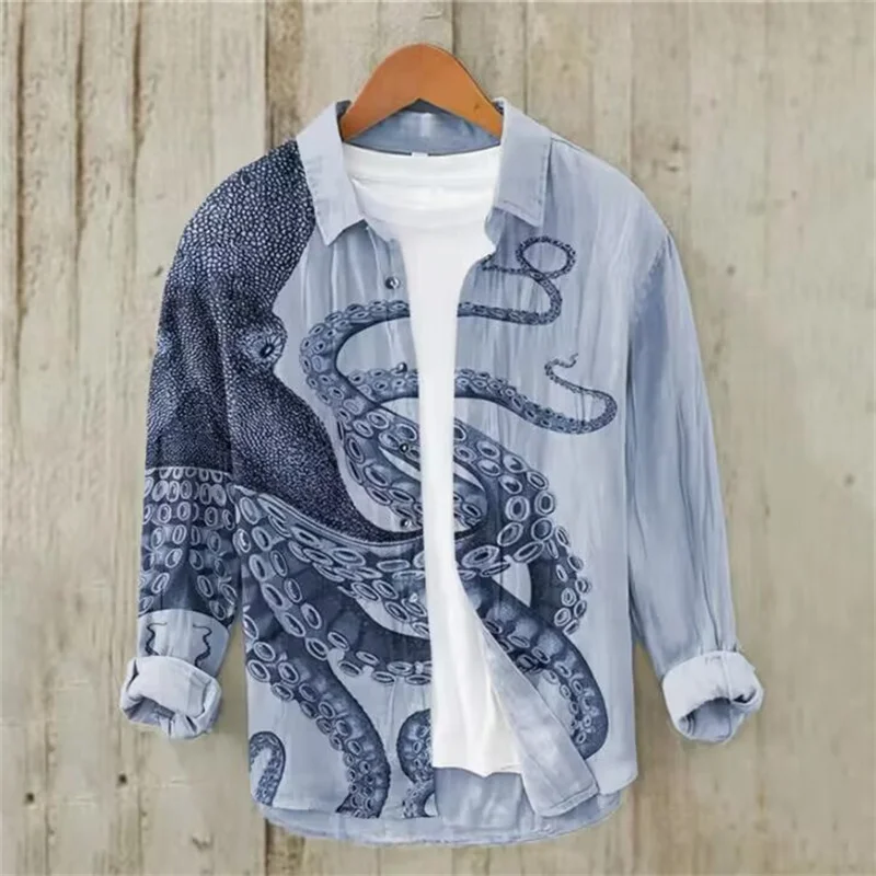 Henry Shirt - Men's Short Sleeve Tops, Casual T-Shirts for Summer 2024, Octopus Graphic Print, Fashion Clothing, S-5XL