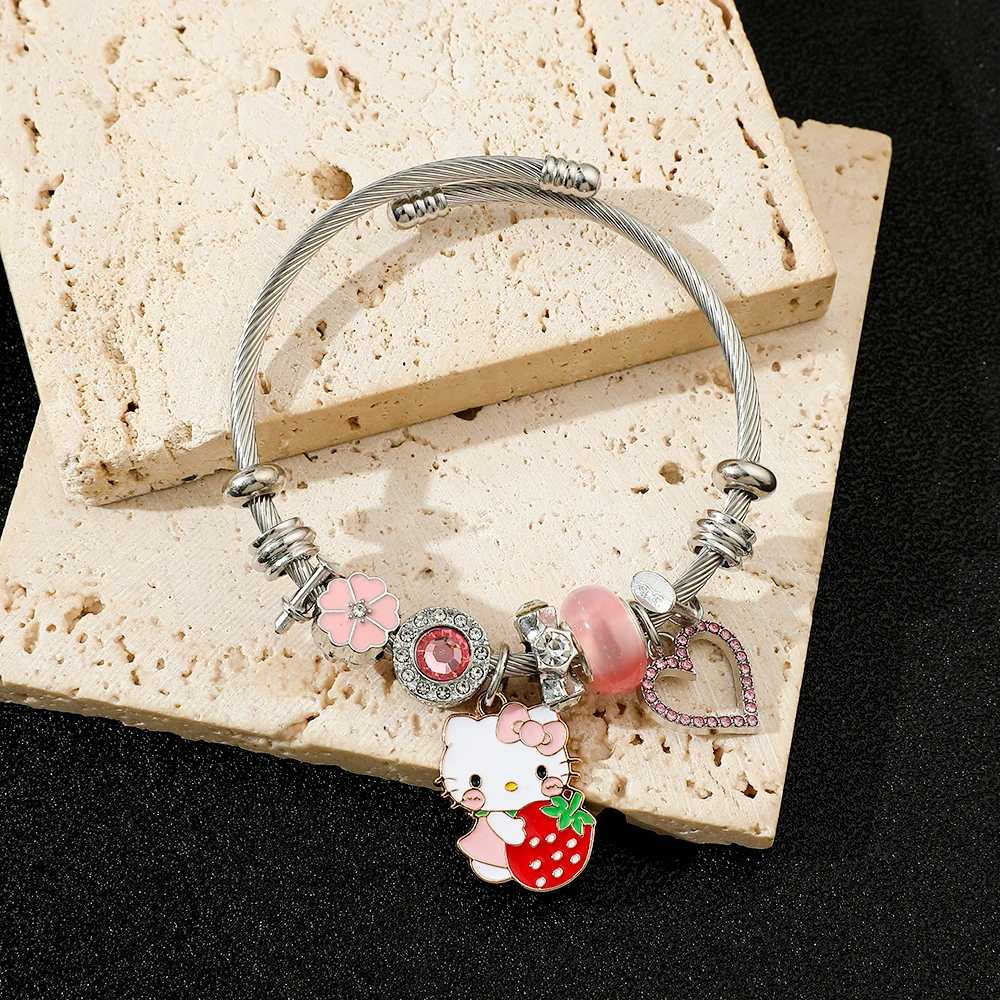 Anime Sanrio Hello Kitty Bracelet Cartoon Figure Hello Kitty love Rhinestones Bangle Girls Kawaii Jewelry Accessories