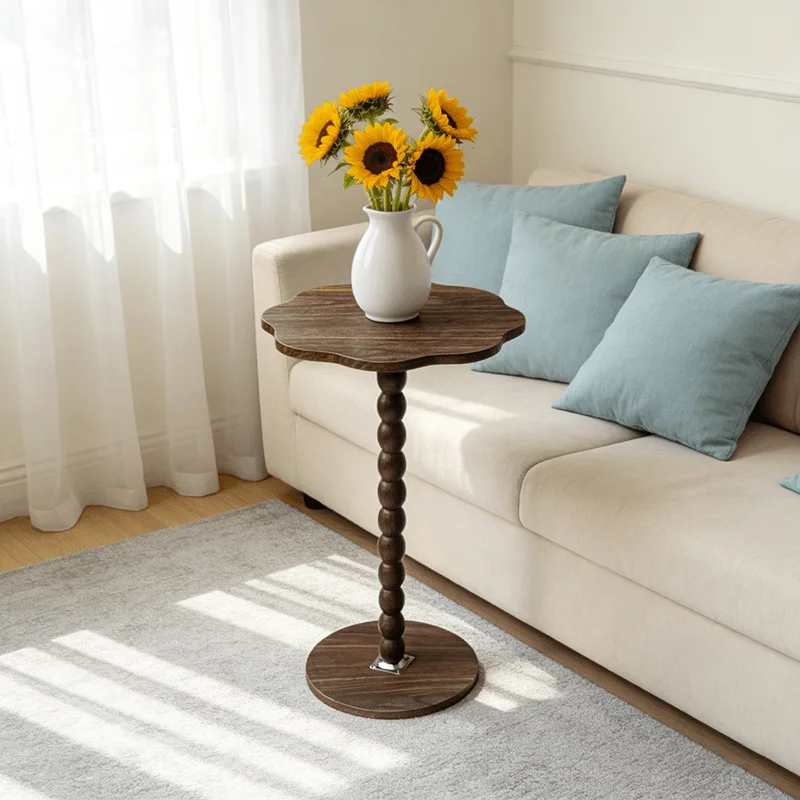 Brown Floral shape Side Table, Narrow Modern End Table with Pedestal Stand for Small Spaces, Beside Sofa Couch & Office
