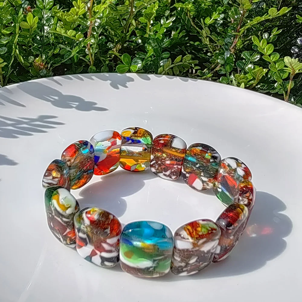 1pcs Camouflage Thousand Flower Glass Handmade DIY Elastic Rope Bead Bracelet Hand Row Women's Clothing Versatile Jewelry